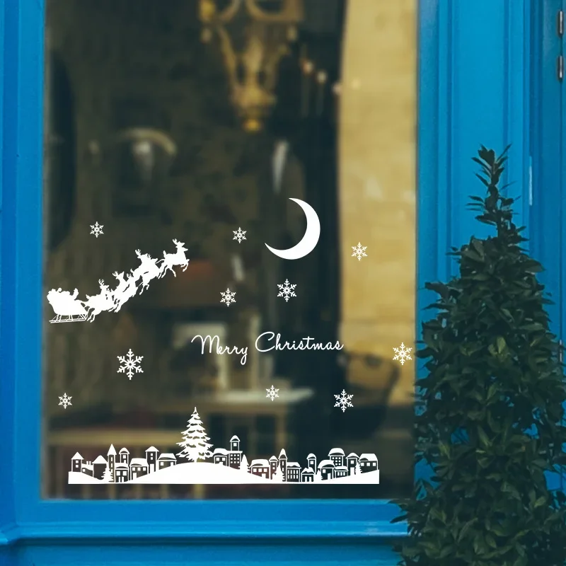 Christmas Elk Snowman Window Stickers Merry Static Mirror Decorations
