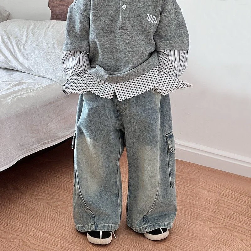 Jungen-Jeans mit großen Taschen, gerade, Street-Style, Gesäßtasche, große Taschen-Jeans, mittelgroße, hübsche Straßenhose für Kinder – Detail 8