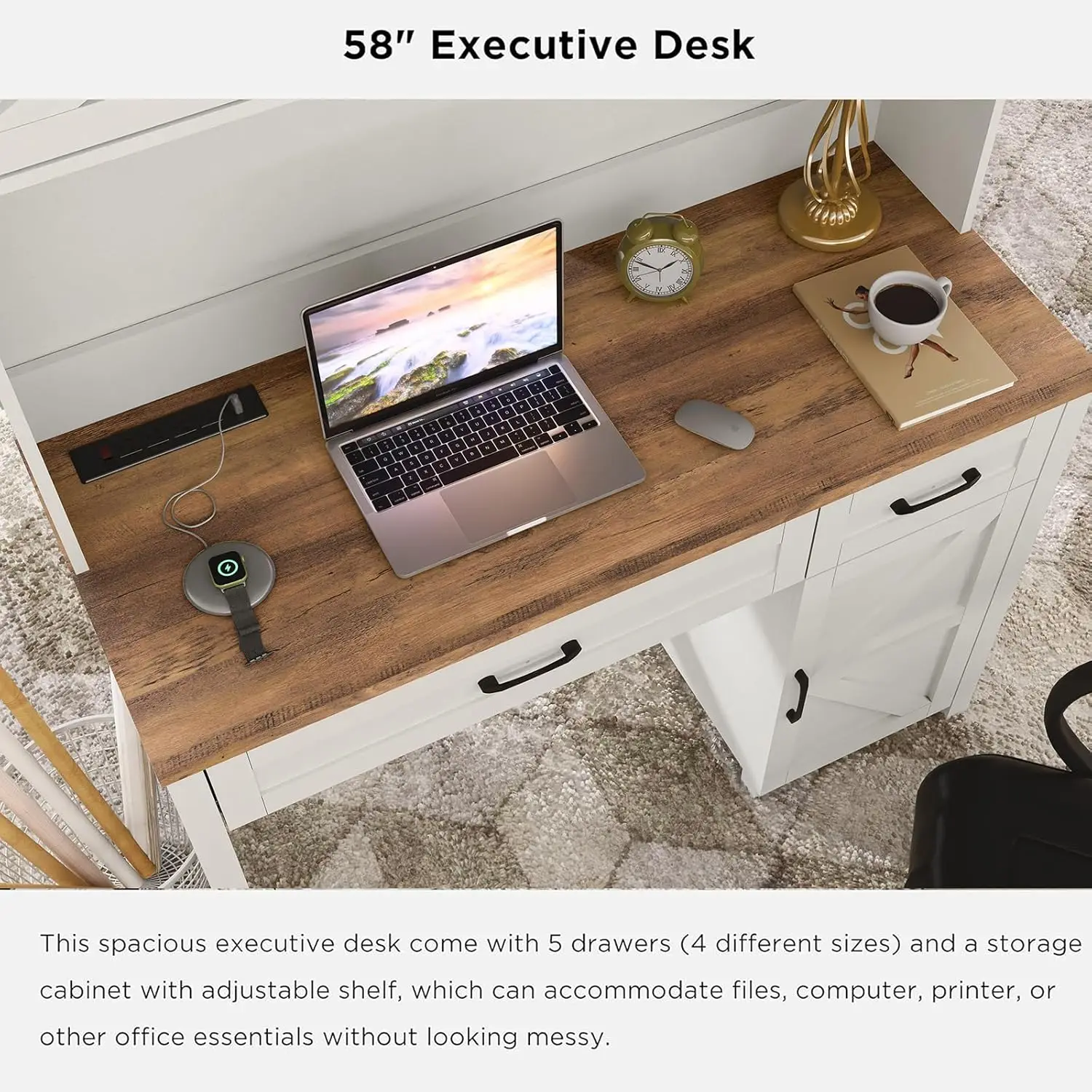 47" Executive Desk, Computer Desk with 2 Drawers and Storage Cabinet, Home Office Desk with Hutch, Charging Hub, Workspace