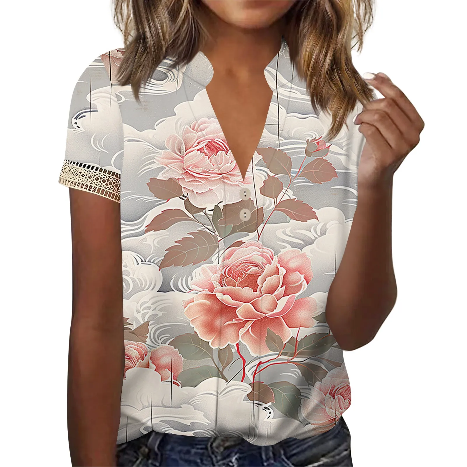 

Женский топ, свободная повседневная футболка с V-образным вырезом и кружевными рукавами, топ с коротким рукавом и цветочным принтом, дешевая Женская одежда, бесплатная доставка