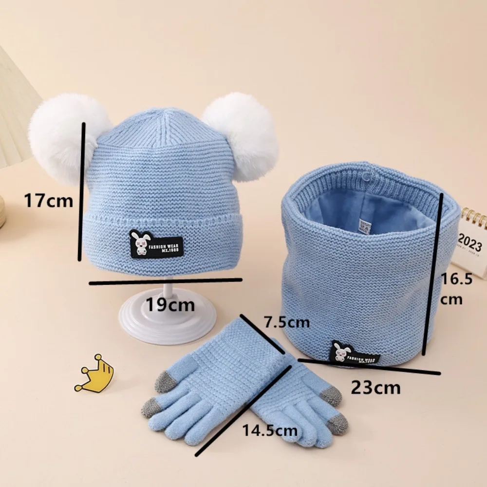 Knitted Hats Scarf Gloves Set Plush Thermal Outdoor Warmth Children Set Double Ball Winter Warm Ear Protection Wool Hat images - 6