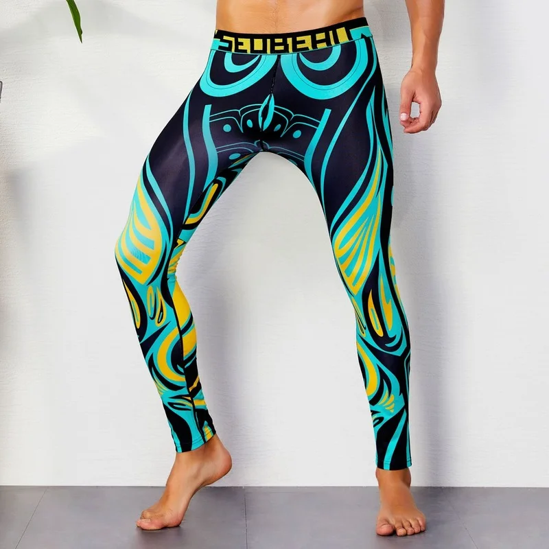 Colorful 3/4 Compression Long Pants Men's Sports Running Tights Basketball Gym Bodybuilding Skinny Leggings Trousers