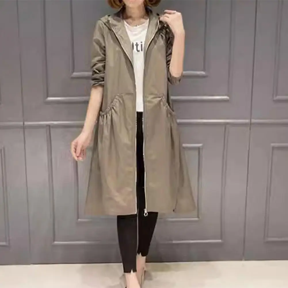 

Zipper Closure Windbreaker Mid-length Windbreaker Stylish Women's Mid-length Hooded Windbreaker with Zipper for Streetwear