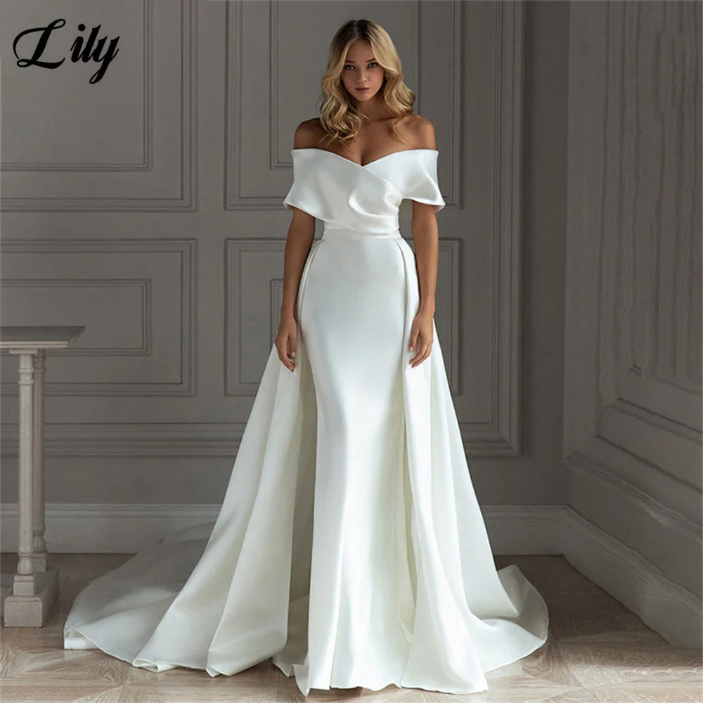 Lily White Elegant Evening Dresses Off the Shoulder Backless Prom Dress Satin Mermaid Wedding Party Dress robe de bal Customized 3