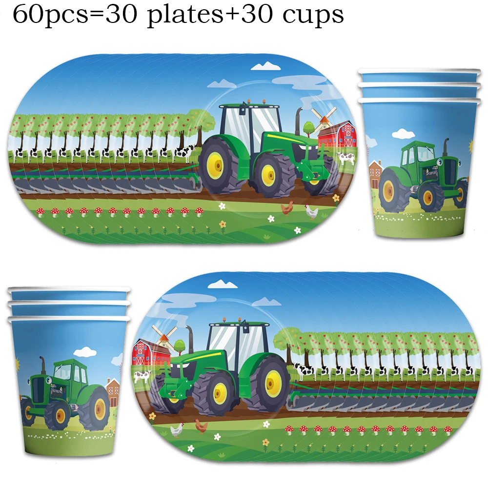 Green Farm Tractor Birthday Party Tableware Set with Banner, Balloons, Cups, Plates, and Napkins