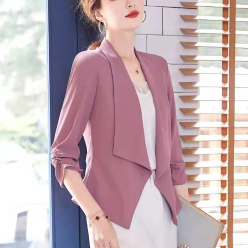 Spring Summer Korean Fashion Elegant 3/4 Sleeve Blazers Top Ladies Slim Shirring Solid Color Casual Suit Coat Women's Clothing