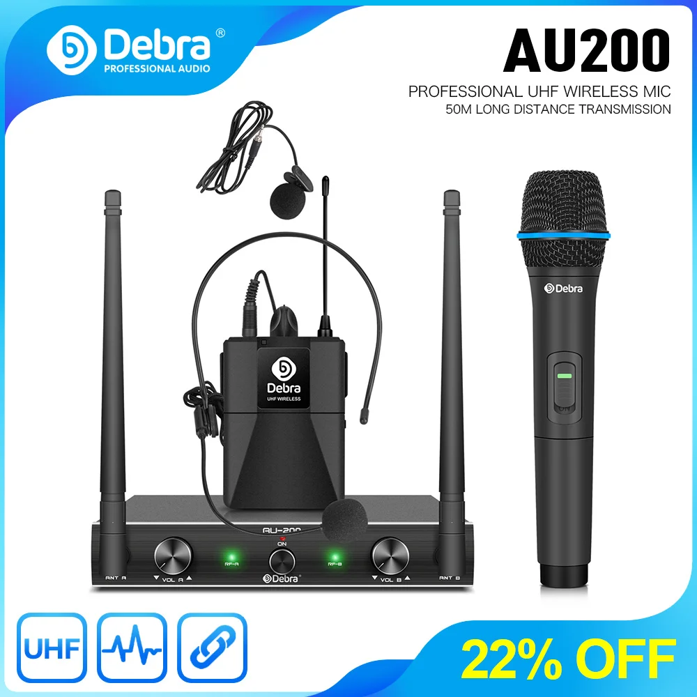 

Debra AU200 Wireless Microphone System Portable UHF 2 Channel Handheld Or Lavalier & Headset For Karaoke Church Party.