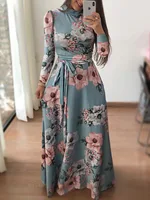 Robes Slim décontractées à manches longues pour femmes, col rond, imprimé floral, bretelles, longueur au sol, jupe longue, vêtements pour femmes 3