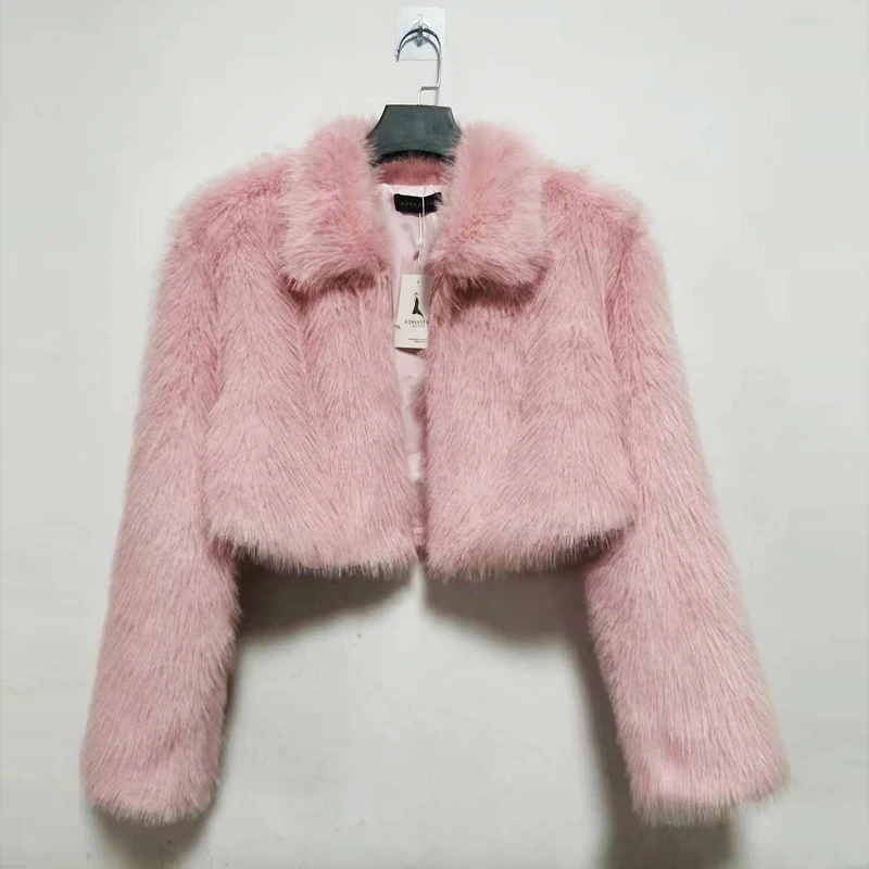 Winter Warm Short Cut Faux Fur Coats Women Long Sleeves Turn Down Collar Sweet Girls Pink Faux Fur Coat