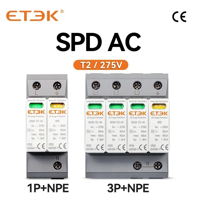 Etek House Surge Protective Device Protector Arrester Protection Type T2 Spd Ac 2P 4P 20Ka ~ 40Ka 1P + Npe 3P + Npe 275V Eku5