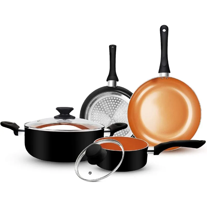 

6pcs Cookware Set Ceramic Nonstick Soup Pot/Sauce Pan/Frying Pans Set, Copper Aluminum Pan with Lid, Induction Gas Compatible