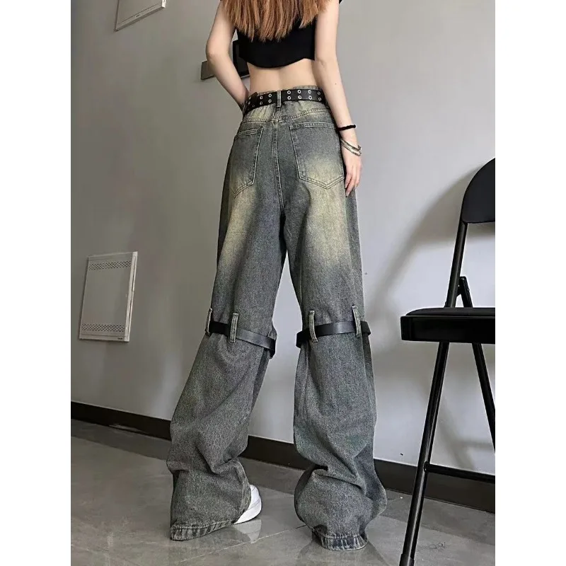 Jeans United States Ins Make Old Tie Straps Splicing Hole Micro La Women Senior Design Sense Loose Fitting Straight Cylinder