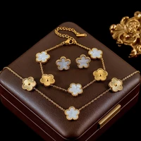 Stainless Steel White Plum Blossom Plant Leaf Flower Set Reversible Necklace Earrings Bracelet Women Clover Jewelry