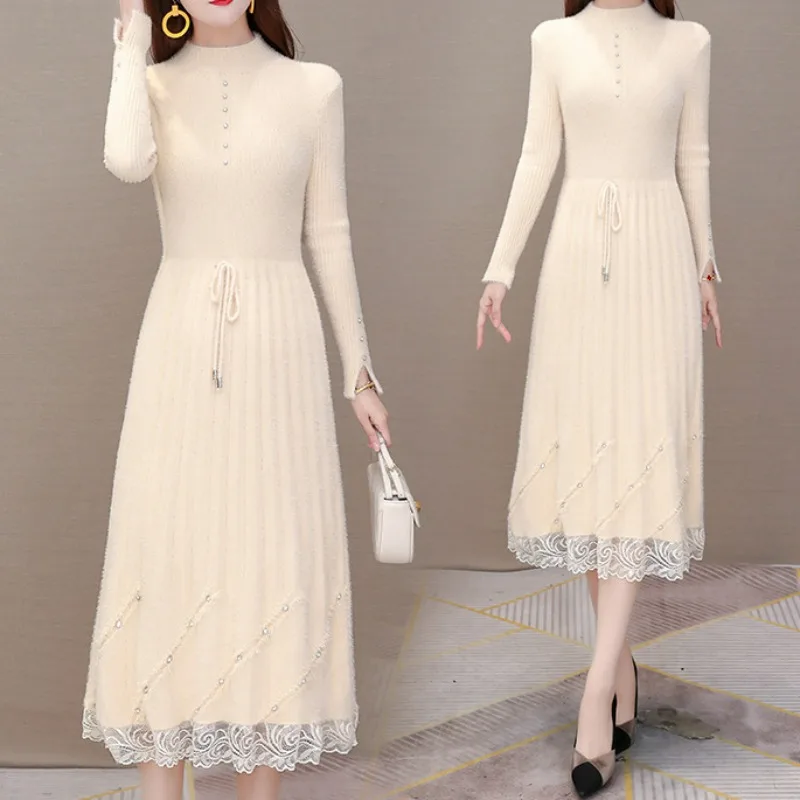 

Autumn Winter Bottoming Sweet Robe Femme Stand Neck Lace Patchwork Diamonds Vestido Bandage Slim Waist Knit Vintage Dresses