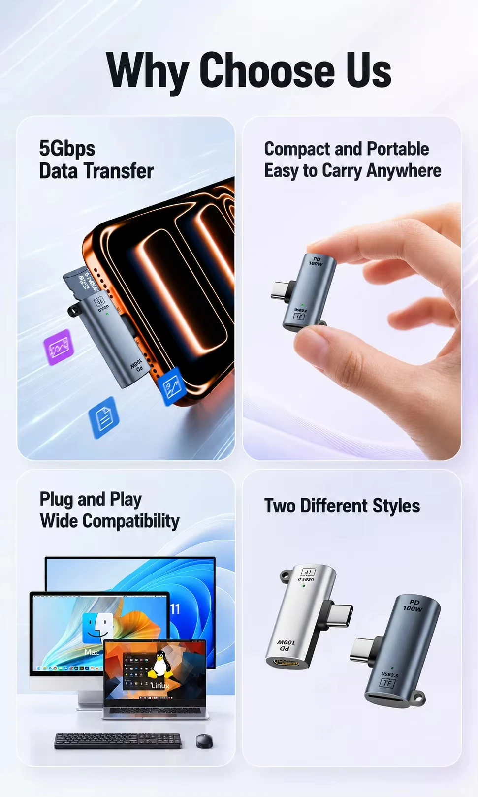 High-Speed TF Card to Type-C Reader with 100W Power Delivery and 2TB Support