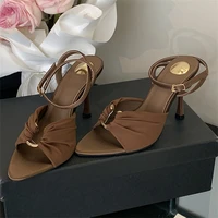 Aneikeh Summer Pointed Toe Thin High Heels Fashion Pleated Metal Buckle Strap Women Sandals Banquet Party Female Mules Shoes - Image 4