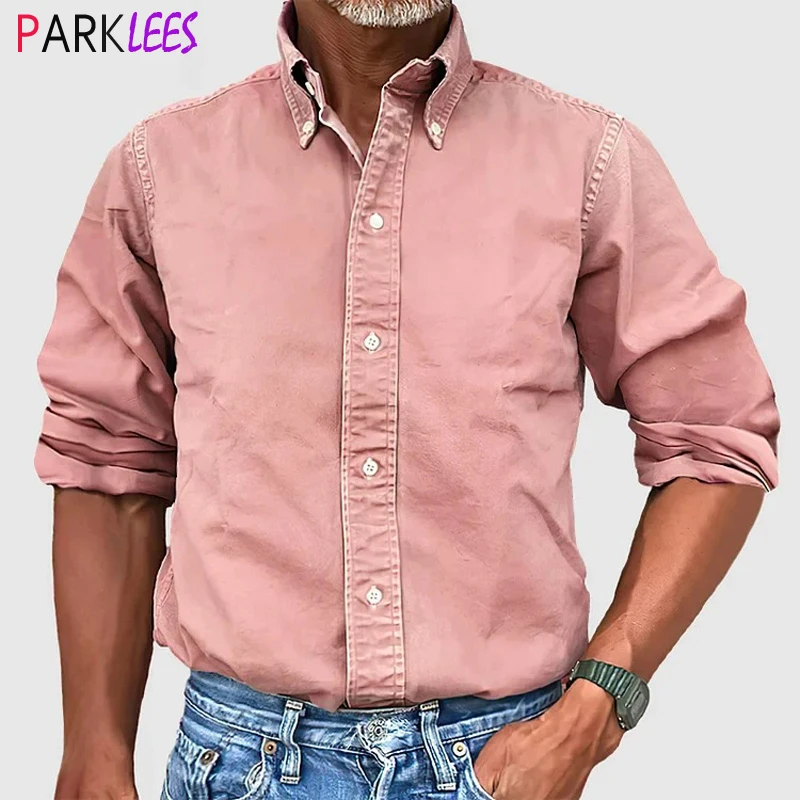 

Mens Vintage Pink Dress Shirts 2024 Brand New Long Sleeve Button Down Shirt Men Casual Worked Shirt Male Chemise Homme XXXL