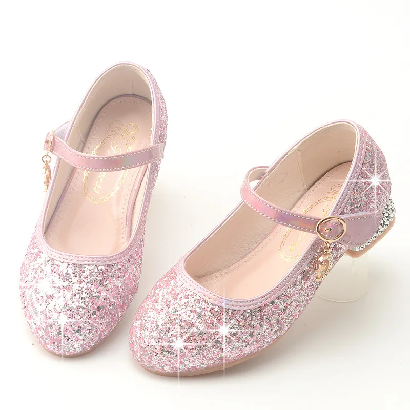 Princess Kids Leather Shoes Girls Flower Casual Glitter Rhinestone Crystal Heel Children High Heel Party Dance Performance Shoes