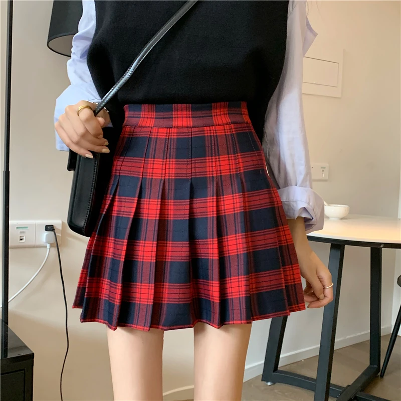 pink skirt Shintimes Fashion Women Skirt Preppy Style Plaid Skirts High Waist Student Pleated Mini Skirt Harajuku Ladies Girls Dance Skirts black denim skirt