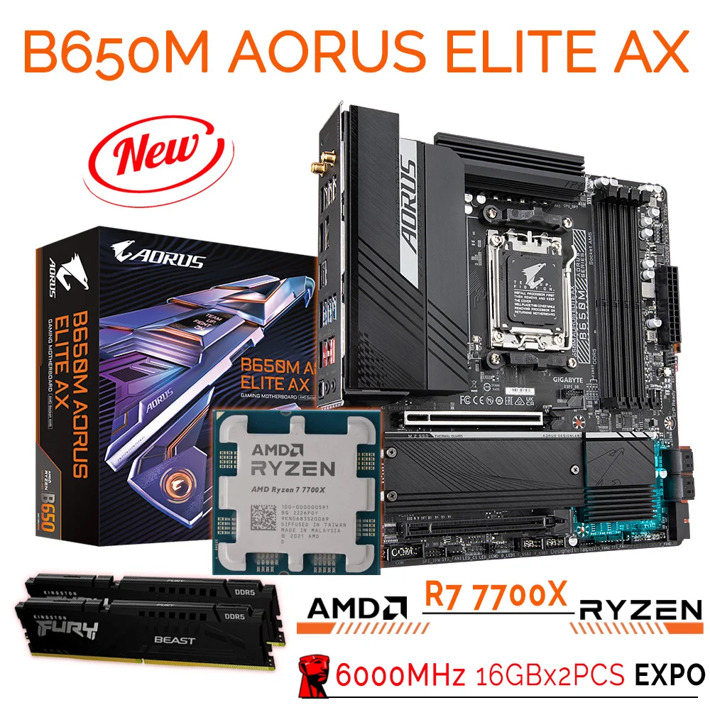 

Gigabyte B650M AORUS ELITE AX AM5 Motherboard + AMD RYZEN 7 7700X CPU + Kingston RAM DDR5 6000MHz 32GB AMD B650 Ryzen Kit 7700X