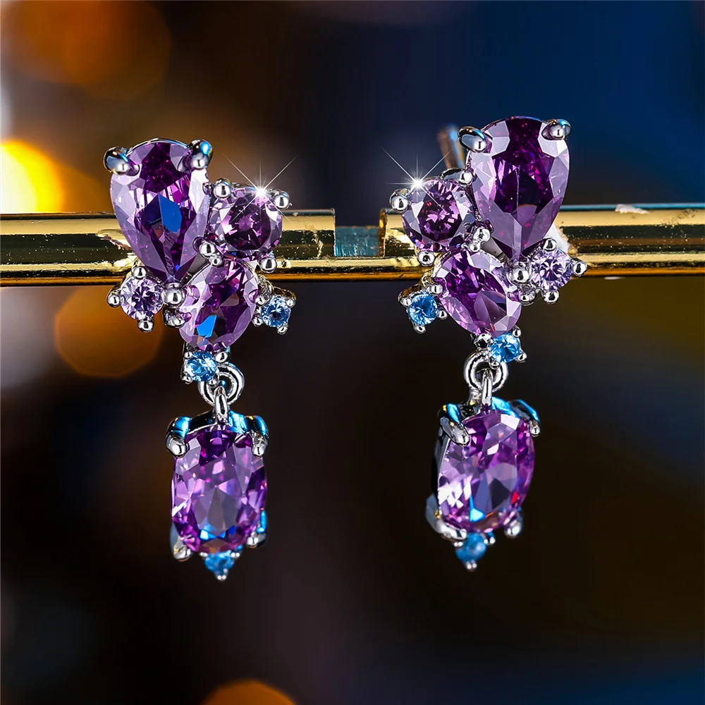 Luxury Female Purple Oval Zircon Stone Wedding Jewelry Vintage Silver Color Stud Earrings For Women