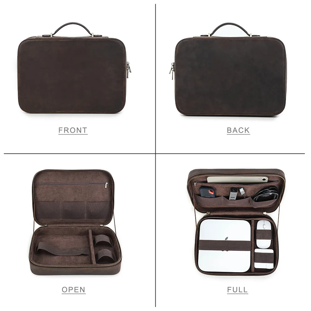 Genuine Leather Storage Case For Mac Mini Mouse iPad Case Earphone Electronic Accessories Gadgets Organizer Box With Handle