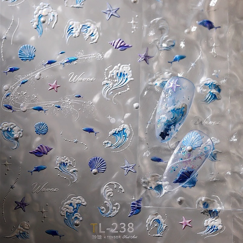 Sea Wave Jellyfish Starfish Conch Shell Dolphin Pearl Summer Beach Goldfish Water Bubble Mermaid Koi INS Nail Art Stickers Decal
