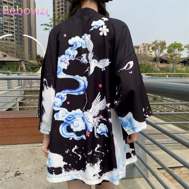 

Fashion Crane Print Japanese Style Kimono 2023 Summer Beach Cardigan Black Women Yukata Traditional Haori Obi Belt
