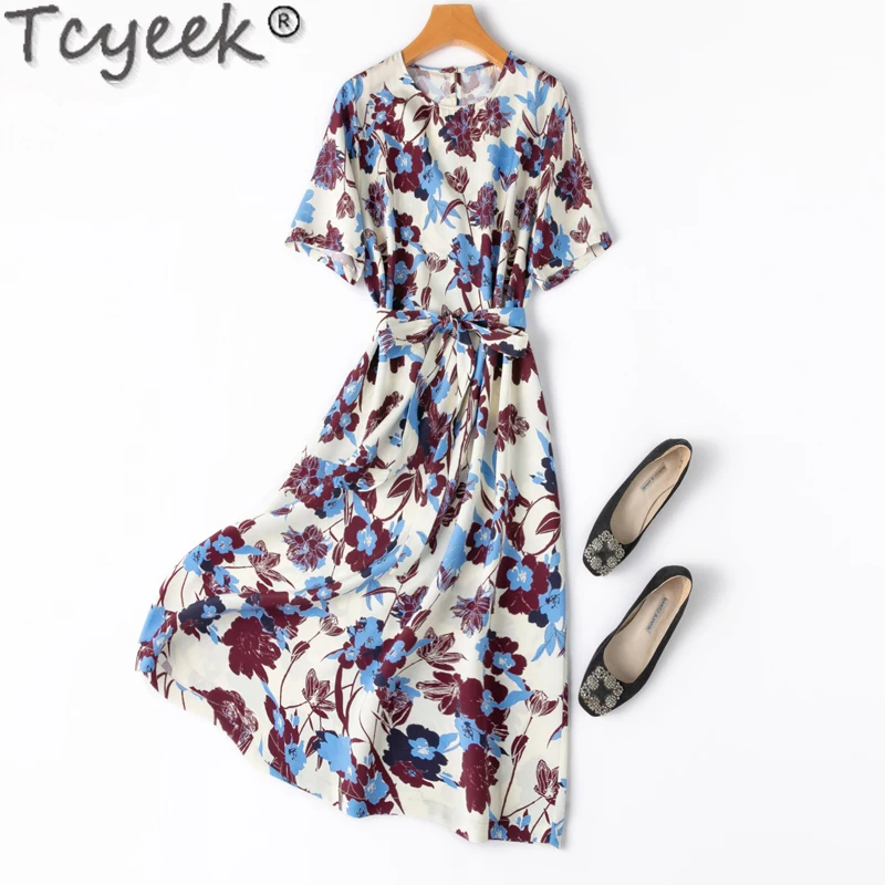 

Tcyeek 30Mm 100% Mulberry Silk Dress Elegant Dresses for Women Short Sleeve Dress Woman Clothes Spring Summer Midi Dress Vestido