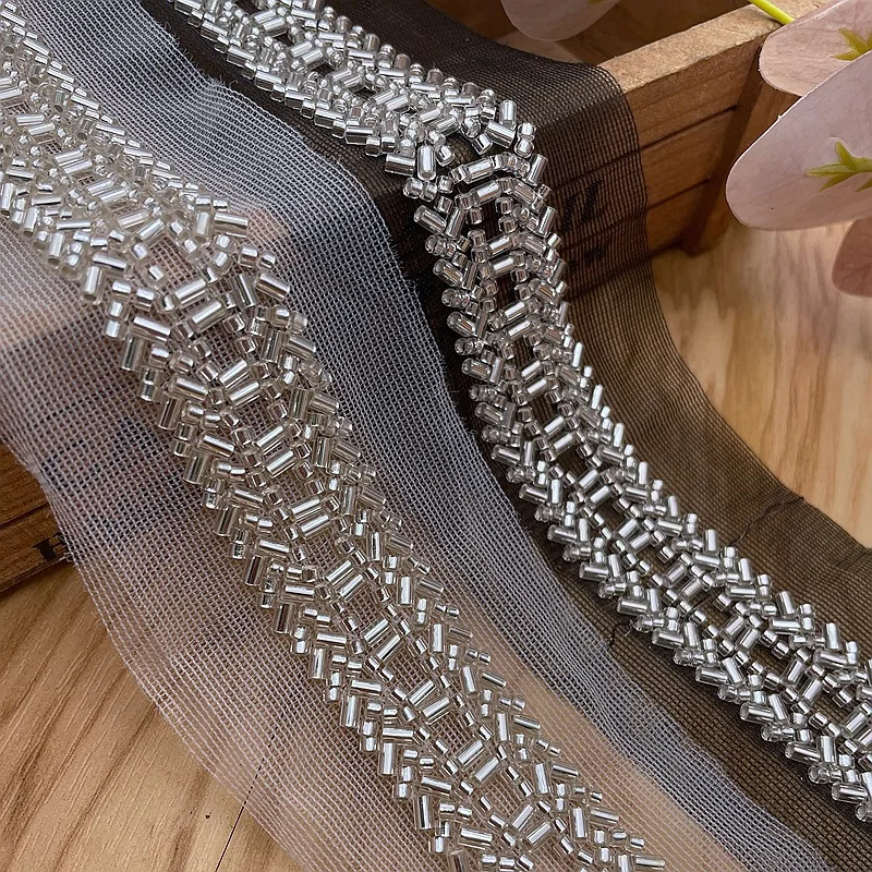 1Yard Embroidery Beaded Lace 2.3CM Wide Pearl Trim Silver Black Beads Tape For Belt Crafts Clothing Decoration