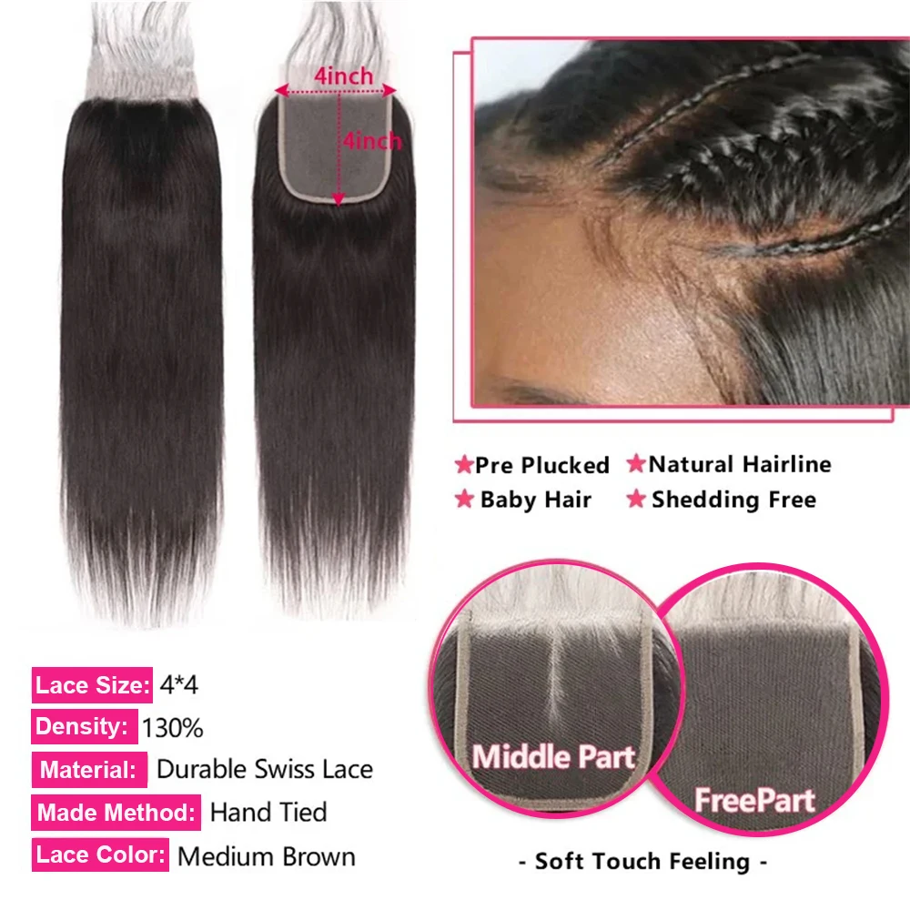 BeautyQueen 4x4 HD Lace Closure With Bundles Bone Straight Bundles 30 Inch Long Human Hair Weave With 4x4 Lace Closure