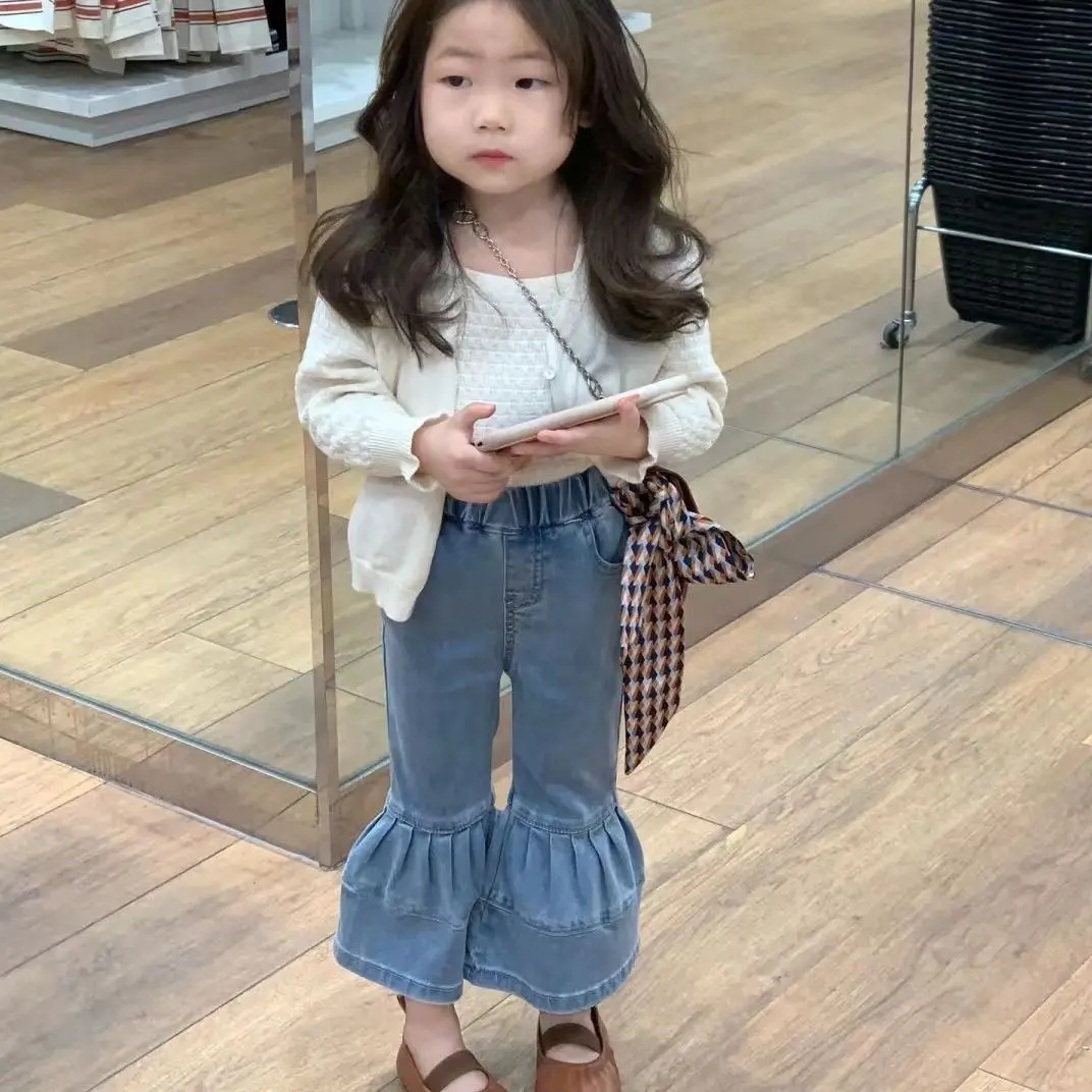 

2023 расклешенные брюки с эластичным поясом длиной до щиколотки, однотонные Простые Модные Повседневные Удобные дизайнерские весенние детские брюки для девочек