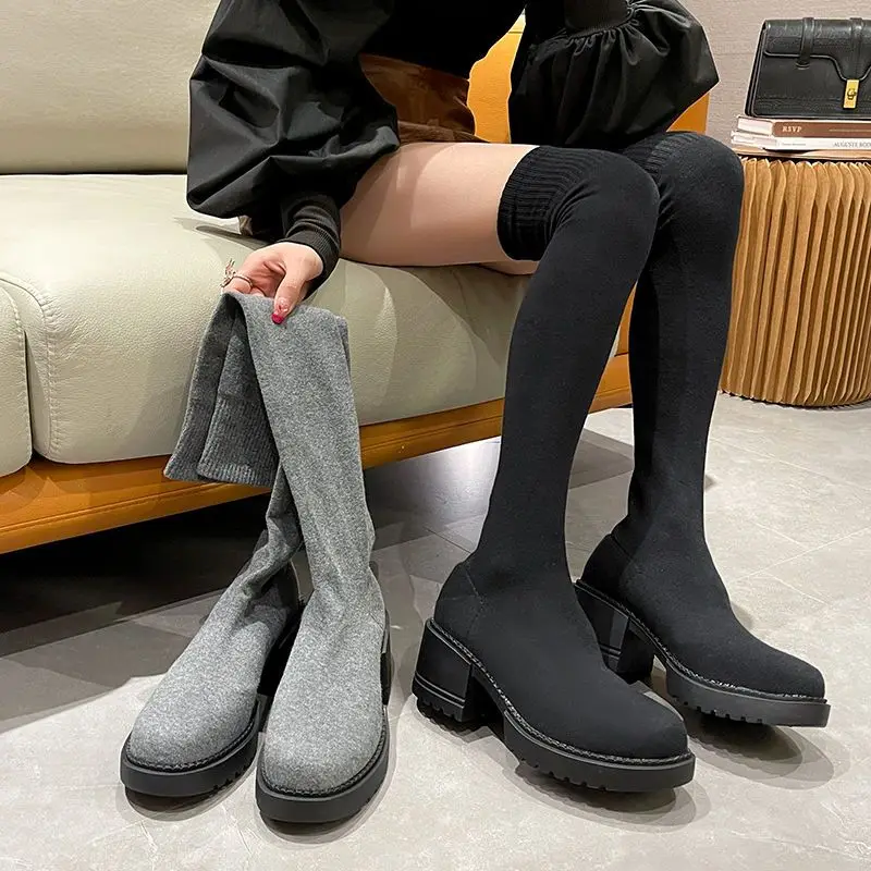 

Over-the-Knee Women's Spring and Autumn 2023 Internet Celebrity Knitted Stretch Socks Chunky Heel High Heel Skinny Boots