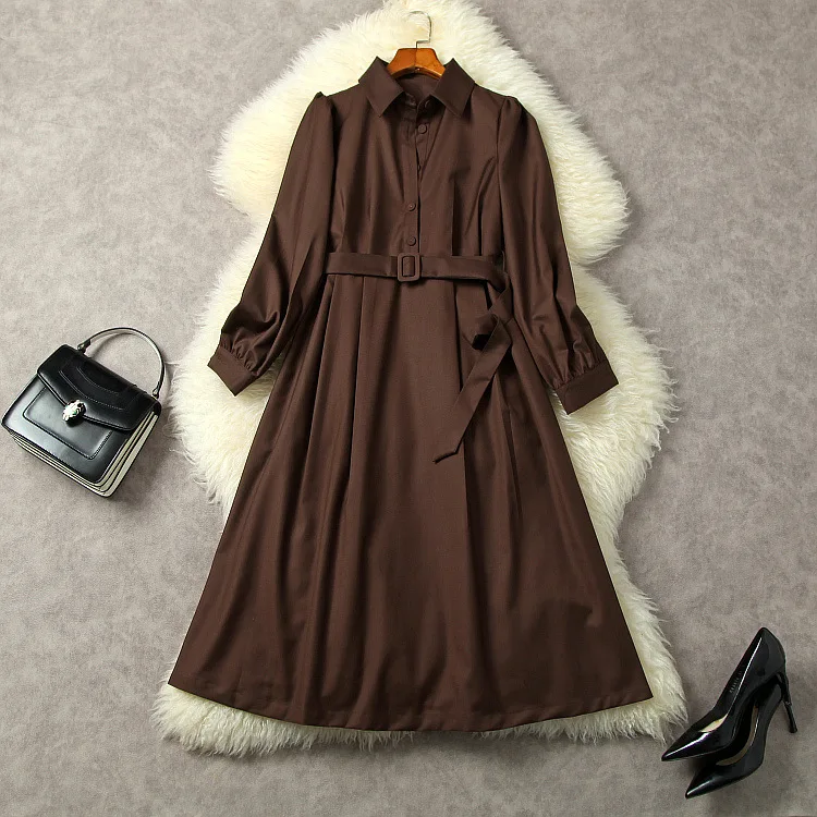 

New European and American women's wear for winter 2022 Ma3 jia3 Long sleeve lapel belt Fashion dress two-piece