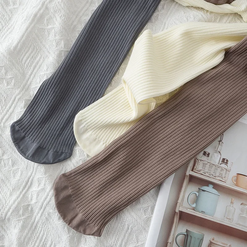 Grey Screw Thread Slimming Tights with Vertical Stripes - No Pressure Milk Coffee Color, Spring/Autumn Elastic Bottoming Pants