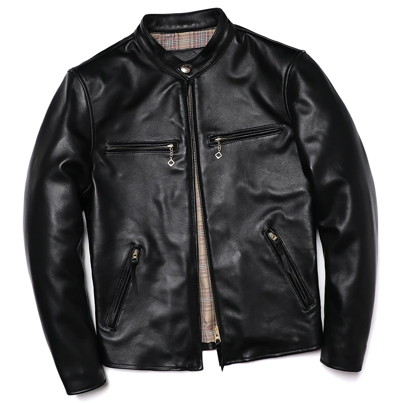 New Mens Moto Biker Sheepskin Jacket Natural Genuine Leather Motorcycle