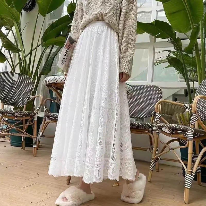 Plus Size Women Lace Skirt Women Niche Autumn New Mid-length Skirt with Large Hem Mesh and Empty Elegant Pleated Vintage Skirt 6