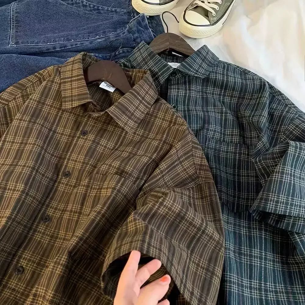 Japanese Vintage Plaid Short Sleeve Shirt Men’s Streetwear Loose Fit High-end Feel Casual Stylish Versatile Half Sleeve Jacket