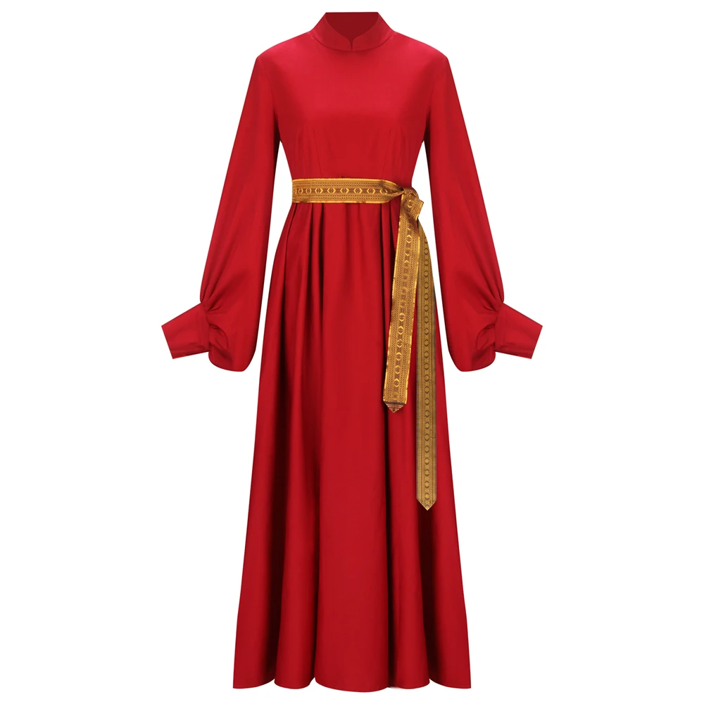 

Princess Red Dress Retro Bride Long-sleeve Dress Gold Ribbon Belt Bridal Renaissance Masquerade Ball Cosplay Outfits for Women