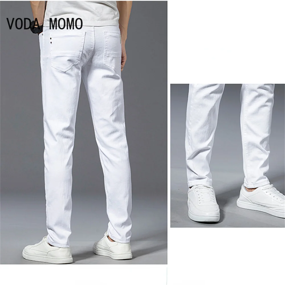 

2022 New Mens Jeans Hip Hop White Moto Skinny Ripped Pure Color Elastic Denim Pants Male Casual Waistline Jogging Pencil Pants