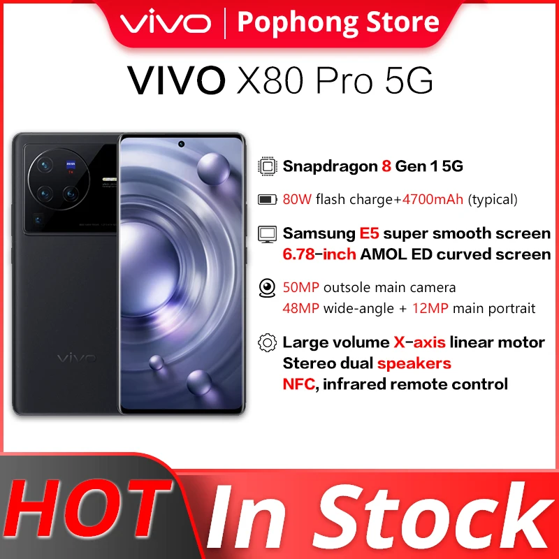 

Original VIVO X80 Pro 12GB 256GB 5G 6.78'' 120Hz AMOLED Curved Screen Snapdragon 8 Gen 1 Octa Core 50MP 80W SuperCharge NFC