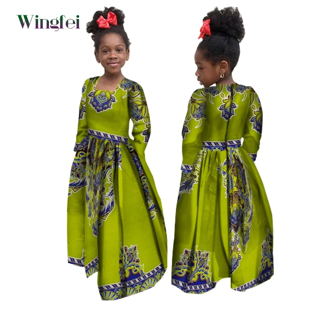 African Girl Dress Kids Dashiki Ankara Floral Print Dress Wax Cotton Long Sleeve Dresses Fashion Africa Clothes for Girl WYT61