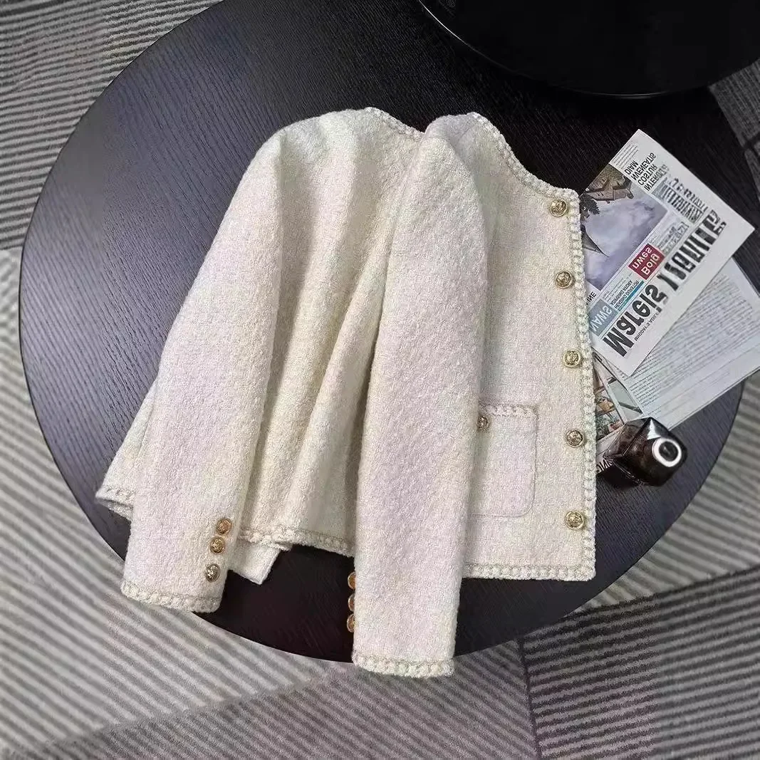 Spring Autumn Hot Sale Of The Season Korean Style Beige French Short Coat Women's Thickened Tweed Jacket Crew Neck Loose Fit Ele - Image 2