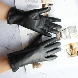 Women's Autumn Warm Leather Sheepskin Gloves with Fleece Lining for Stylish Outdoor Activities (Black touch screen)