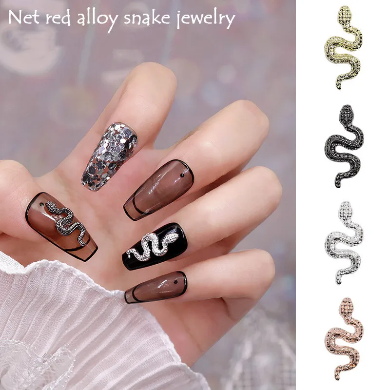 

10pc 3D Glitter Metal Snake Nail Charms 8*18mm Black;Silver;Gold Alloy Retro Snakes Shape Decor Charms Punk;Rock Nail Decoration