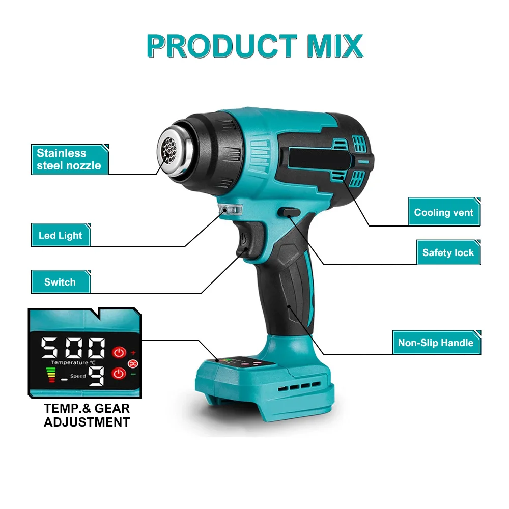 For Makita 18V Battery CordlessHandheld Wireless heating gun Max 500℃ Heat Gun 4 Nozzles For Crafts Shrink Tubing,Vinyl Wrap 3