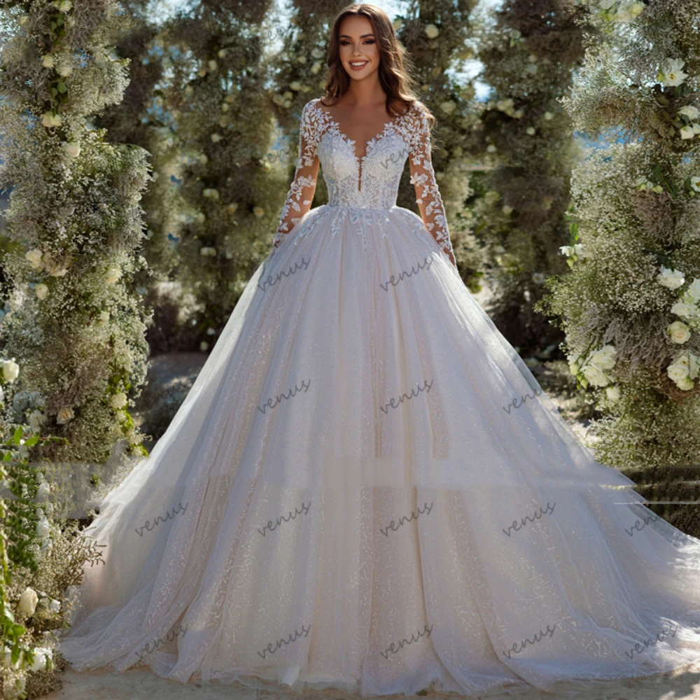 Glitter Wedding Dresses A-Line Tulle Tiered Bridal Gowns Lace Appliques Full Sleeves Robe For Bride Vestidos De Novia Customized 3