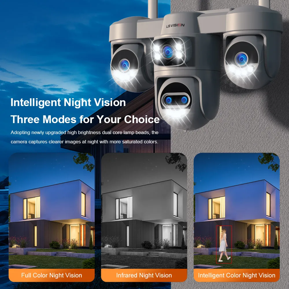 LS VISION 20MP Outdoors Wifi Camera 3/4 Screens Security 2.4/5G PTZ IP Camera 10X Optical Zoom Human Ai Auto Tracking PC Client 5