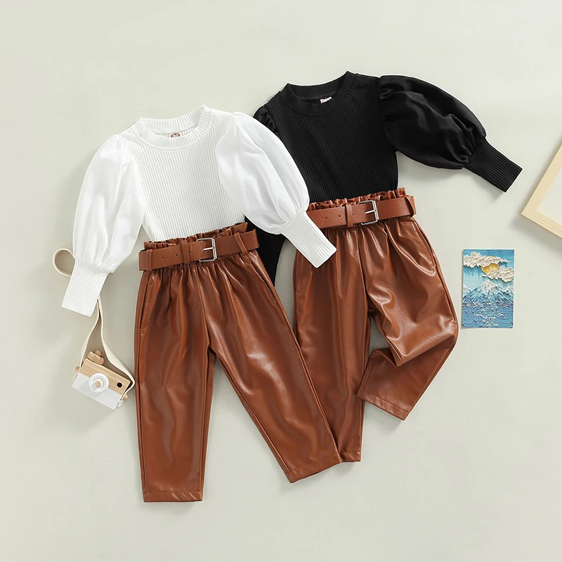 1-6Y Kids Girls Autumn Clothes Sets Baby Puff Long Sleeve Ribbed Tops + PU Leather Long Pants + Belts Children Outfits