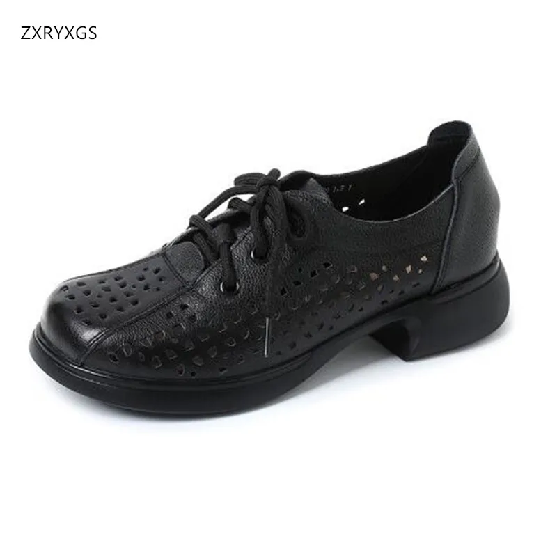 

ZXRYXGS Premium Cowhide Lace-up Hollow Hole Shoes Breathable Women's Sandals Comfort Soft Sole Low Heel Sandals Trend Large Size